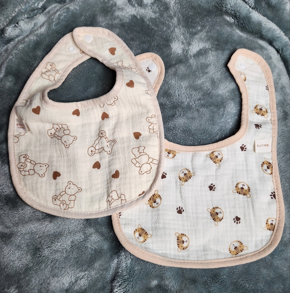 Baby Bib Set with Print - Cream and Brown